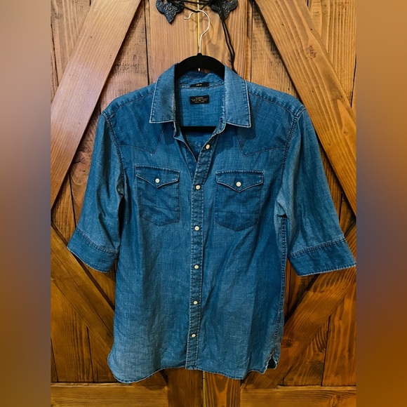 BLUE DENIM ALL SAINTS LINEN SHIRT - Picture 10 of 11